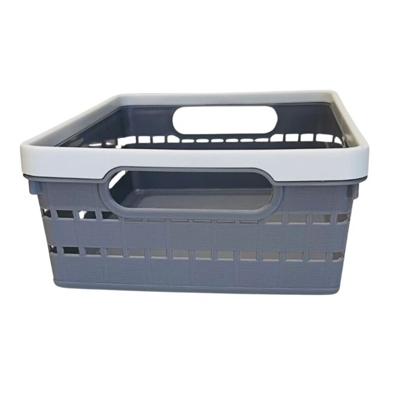 front view of woven plastic storage basket with handles