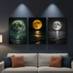 3-piece moonlit ocean canvas wall art on wooden sticky tiles
