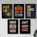 6 PC Wall Decor Cardboard Phototiles With Double Tape For Back Sticking Black Yellow Motivational Quotes