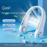 Portable bladeless neck cooler worn around neck with vents visible