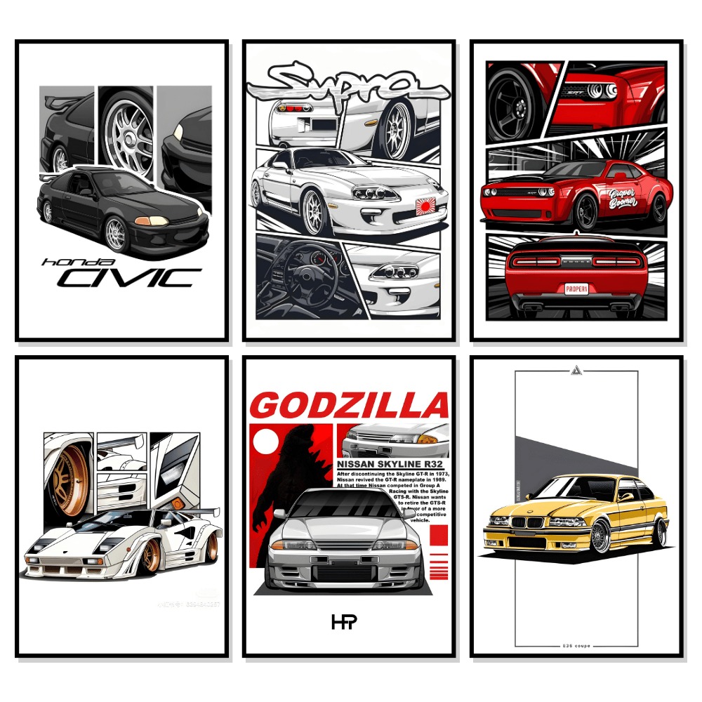 49d0085a8c8b1633ba4e5c6f1fd6f760.jpeg Racing Cars JDM wall posters set with wooden frames featuring Honda Civic, Lamborghini, and Supra designs
