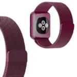 Plum Milanese Magnetic Loop Strap on Apple Watch showing stainless steel mesh
