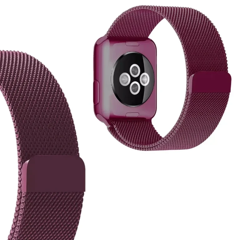 Plum Milanese Magnetic Loop Strap on Apple Watch showing stainless steel mesh