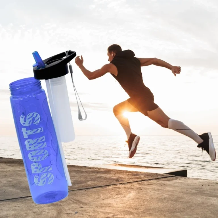 Blue 1000ml leakproof water sport bottle with built-in straw