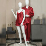 Front view of luxury satin silk couple pajama short set
