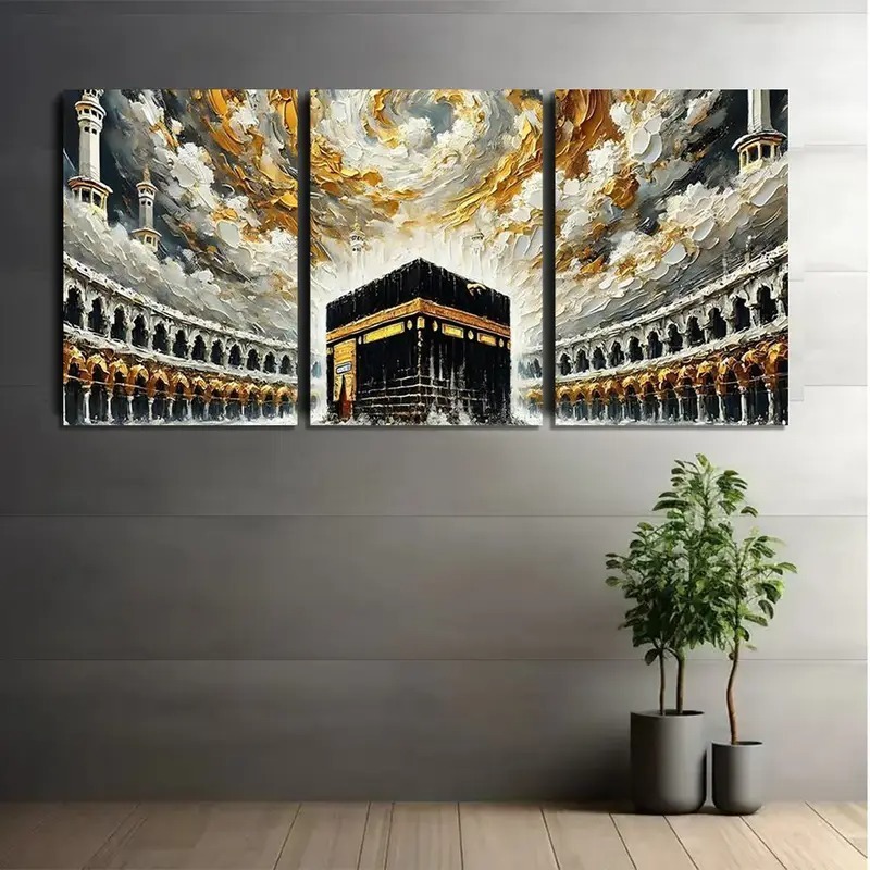 4e441d1da59db1002d9bfae81121258a.jpg Kaaba Wall Art – 3-Piece Wooden Sticky Tile Frames with Adhesive Tape for Easy Mounting - Image 1