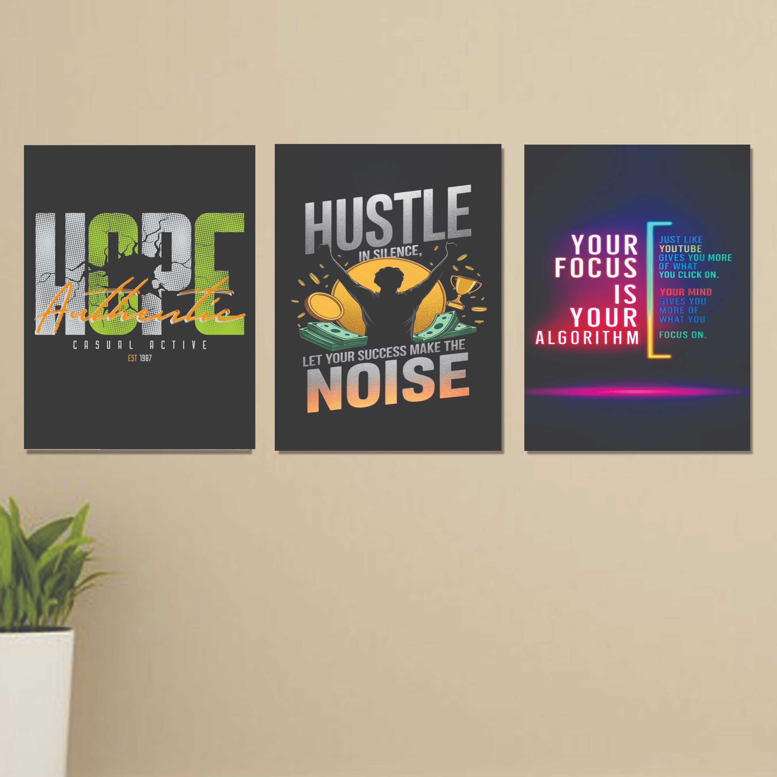 51aeaf4550271ced87407551430bf121.jpeg Set of 3 motivational sticky canvas frames with Islamic calligraphy hanging on wall