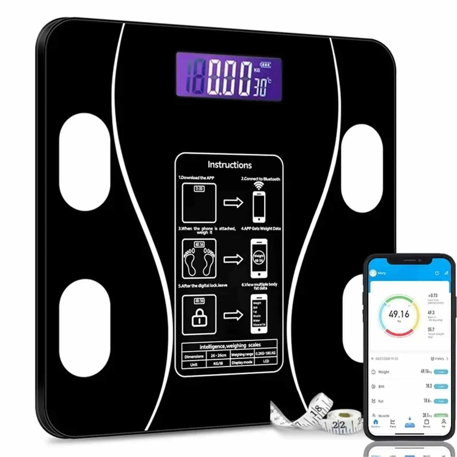 5217cff21d3c075e819c23e626c90392.webp Smart Wireless Bluetooth Digital Weight Scale – Max 180kg, Precision D=50g, Body Weight Monitoring - Image 1