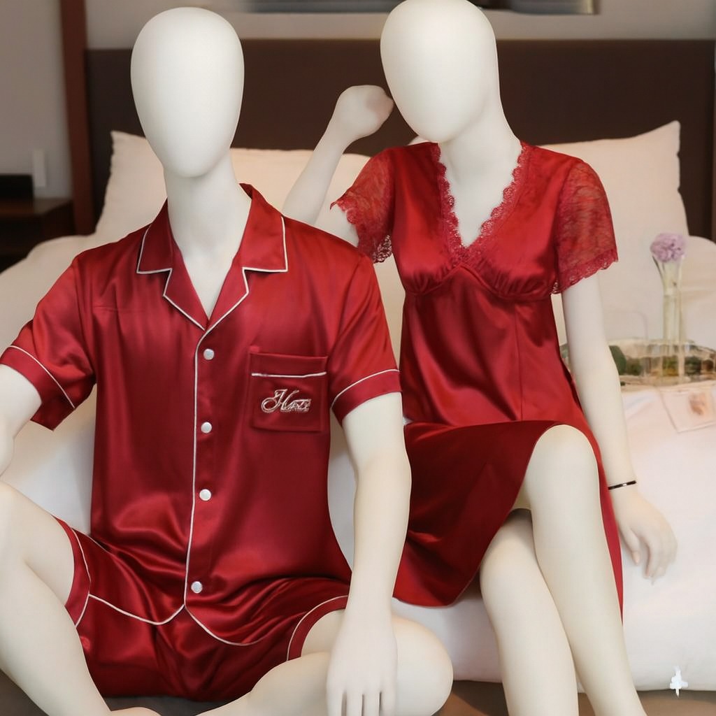 5293afc82758eaaab5c598679b5e24df.jpeg Couple Night Suit / Sleepwear Set – Stylish Nightdress & Pajama Shorts | SKU DC-C003 (3 Pcs) - Image 1