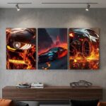 3-Piece Sports Car Wall Art Set 8x11 Inch Wooden Sticky Frames Fire Racing Car Canvas Decor with Easy Install Tape