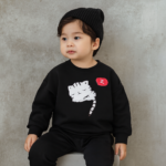 Black cat printed kids fleece sweatshirt front view