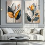 Modern 2-Piece Abstract Flower Wall Frame Set – Navy, Mustard & Gray Leaf Designs