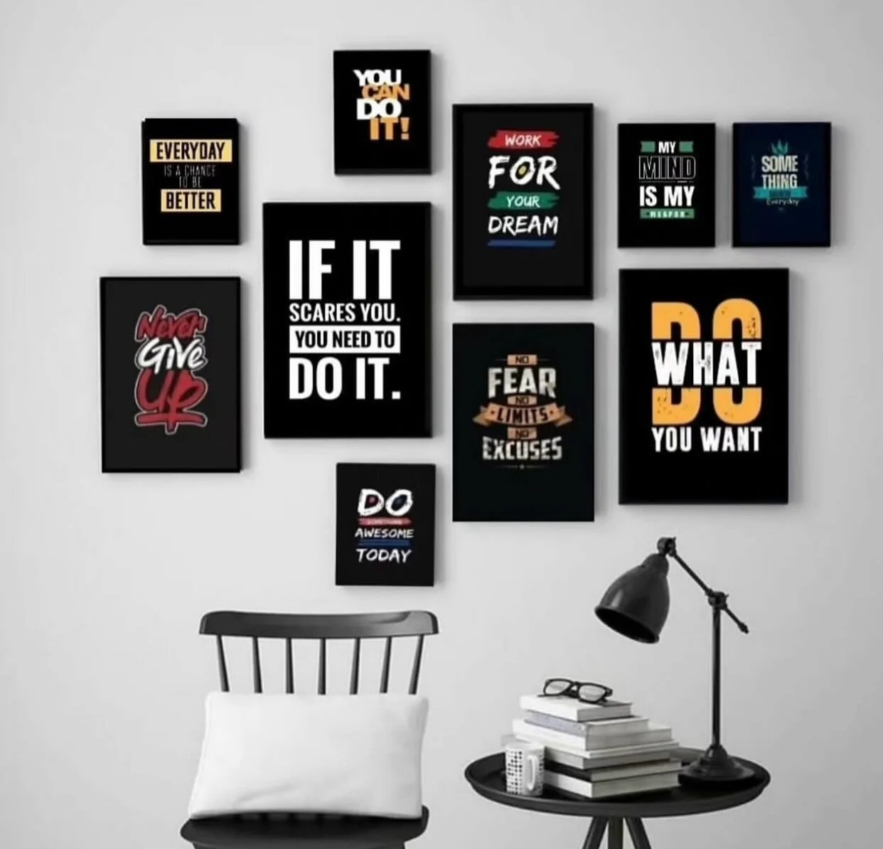 5d2c3b68c253d392e05f671b310a0892.jpeg Yellow and black motivational wall art set with wooden MDF frames hanging on wall