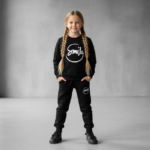 Kids black fleece sweatshirt with SMILE print front view