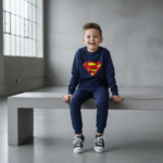 Front view of kids Superman fleece sweatshirt and pajama set