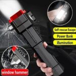 High Power LED Torch Light Rechargeable Flashlight – Multi Functional Emergency Tool With Power Bank, Window Hammer, And Bright Illumination