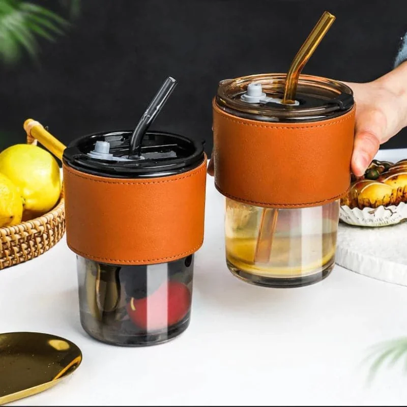 6_1762160758.webp 13oz bamboo lid glass cup with leather sleeve front view