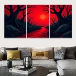 Set of 3 Surreal Red Landscape Wall Art Frames – 8x11" MDF Wood with Adhesive Backing