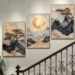 Luxury 3-Piece Landscape Wall Frame Set – Golden Moon & Blossoming Trees