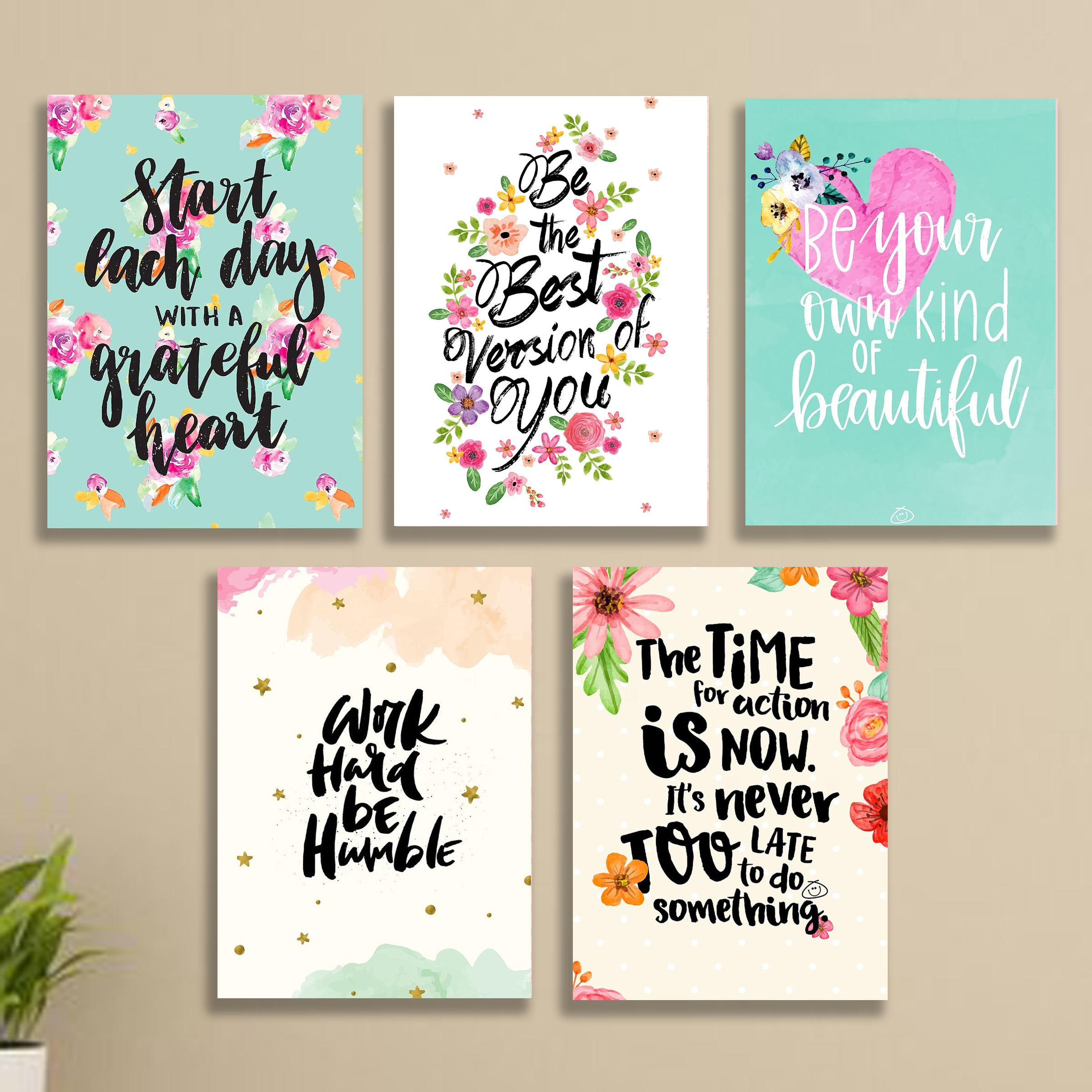 6dd4f532a503ceebce49268298296d71.jpg Set of 5 Floral Motivational Wall Art Frames – 8x11" MDF with Sticky Backing - Image 1