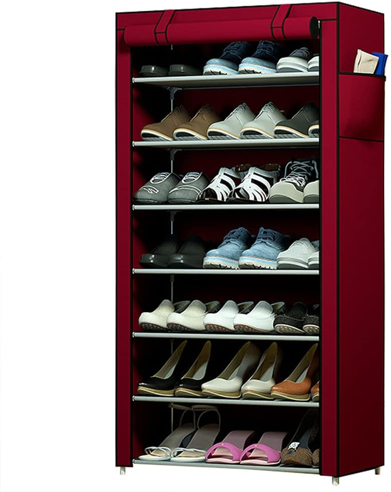 7-ly-sh-rk-1.png 7-layer portable shoe rack with zippered cover in red