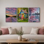 Vibrant Dreamy Landscape Wooden Wall Art Frame Set | 3-Piece Colorful House, Sunset Road, and Riverside Cafe Sticky Tiles | 8x11 Inch