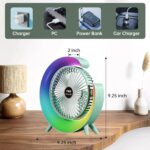 Colorful USB rechargeable desktop fan front view with LED light
