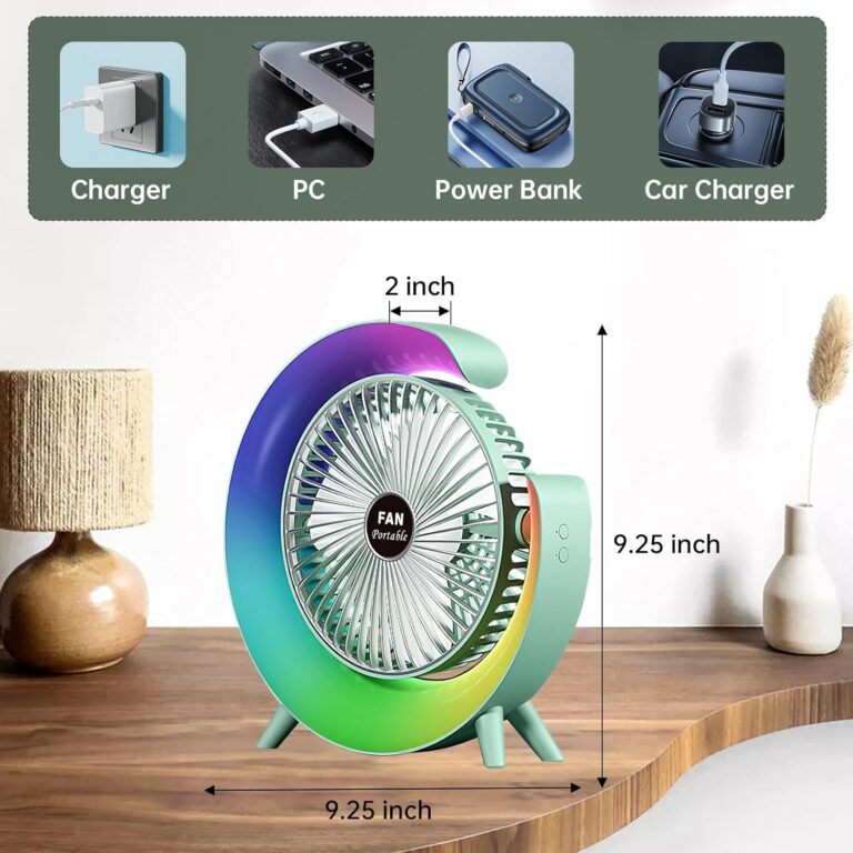 Colorful USB rechargeable desktop fan front view with LED light
