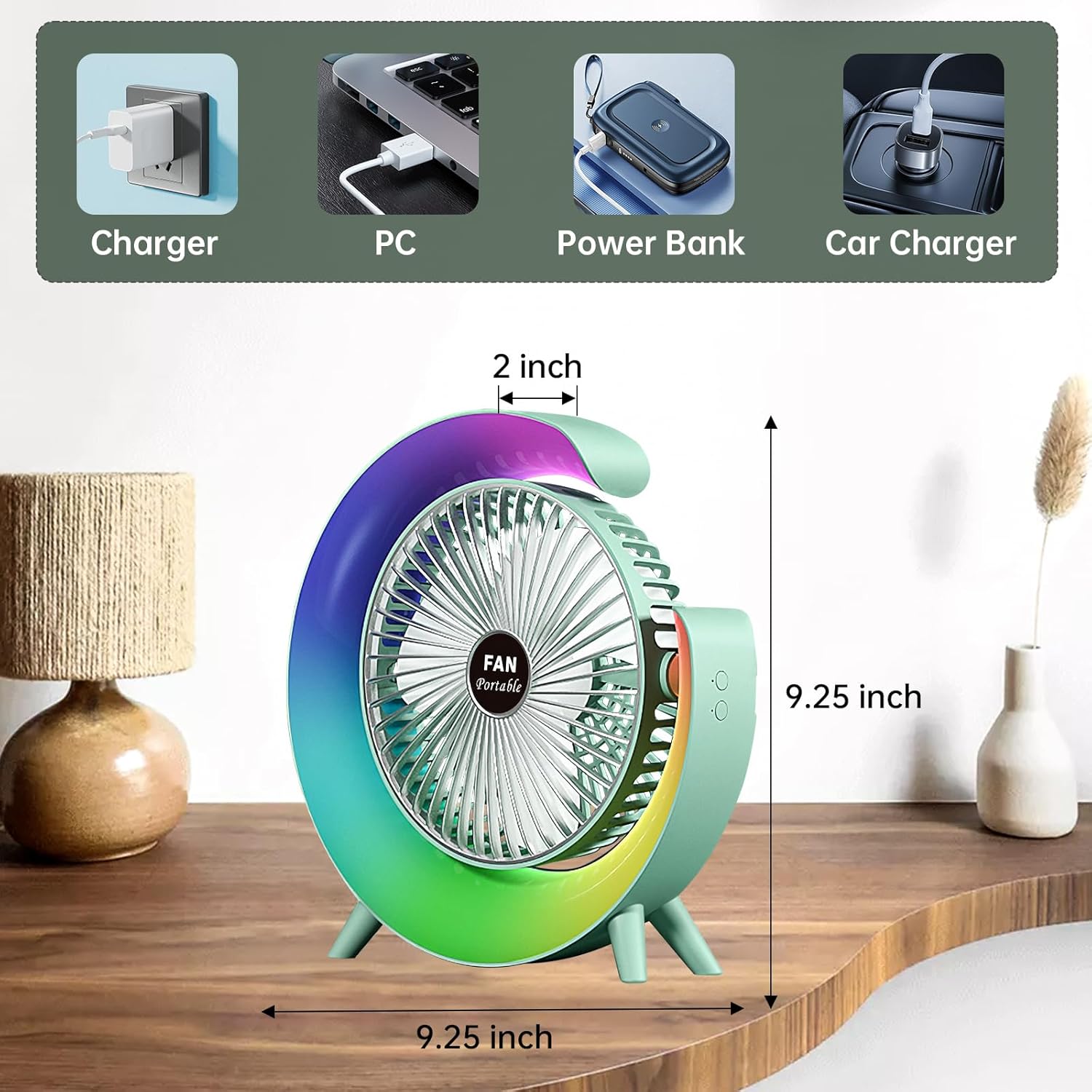 7140yO0JmgL._AC_SL1500__1748113634.jpg Colorful USB rechargeable desktop fan front view with LED light