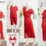 6 PCs Bridal Satin Nighty Set with Matching Thong & Bralette Free Size
