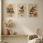 Set Of 3 Boho Botanical And Geometric Wall Art Prints 8x11 Inch Wooden Sticky Tiles With Tape