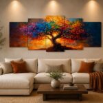 5-Piece Colorful Tree of Life Wall Art – Abstract Nature Wooden Sticky Tiles (40x16 Inch Ready Size)