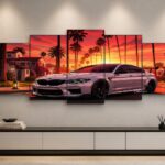 Sports Car Sunset 5-Piece Wall Art Set – 40x16 Inch Wooden Sticky Tiles Ready Size