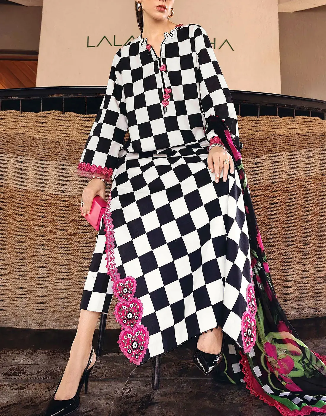 785e1f31050310dfb2066b8823a8c0a4.webp Elegant All-Over Checkerboard Print Embroidered Lawn 3Pc Unstitched Dress with Chiffon Dupatta – Summer Collection 2026 - Image 1