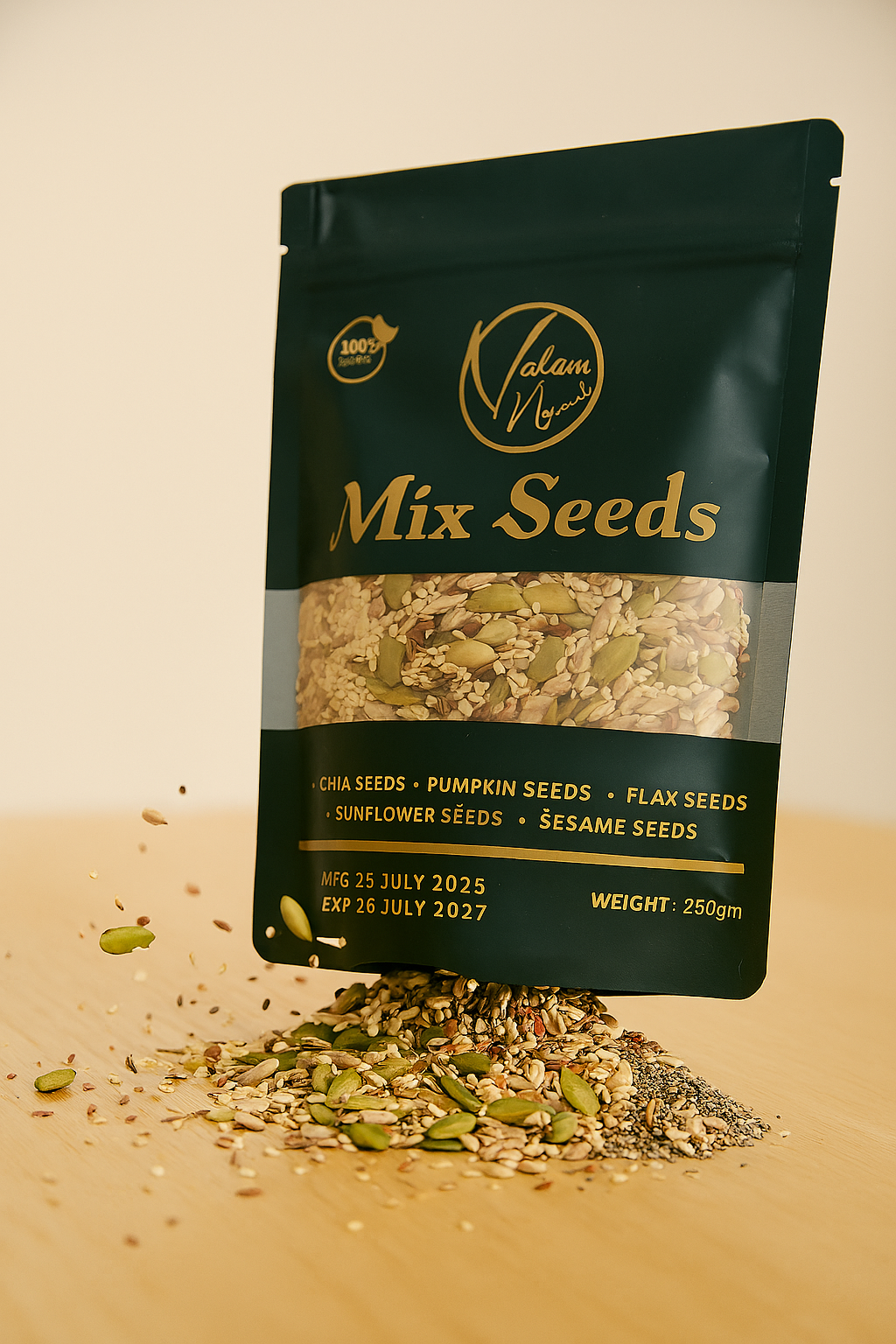 7977a9c4fc6046c3130ac5a2d959c569.png Valam Naturals Mix Seeds 250g pouch front view
