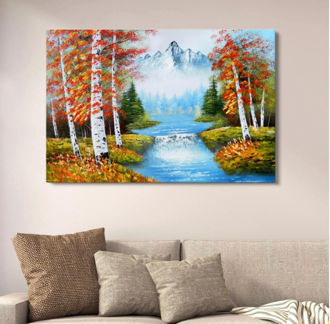 7aaef0ed88a5555bd8eb97a7006a258f.jpeg Autumn Mountain River Canvas Art | Scenic Nature Landscape Wall Decor | Artistic Forest Painting for Home | 12x16 Inches - Image 1