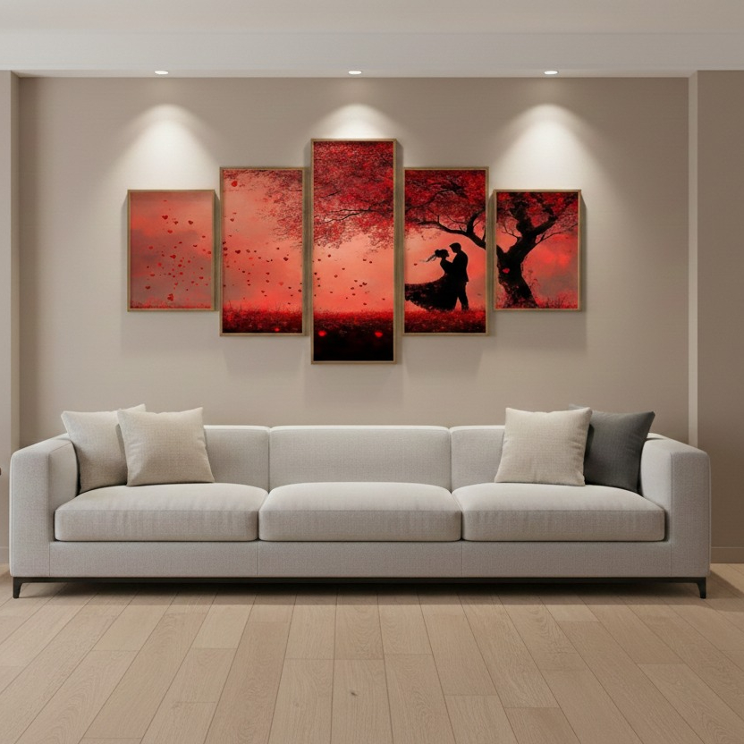 7f1f3b23bb7ed32334bec1730c0878f5.jpeg 5-piece wooden sticky wall frame set arranged on wall