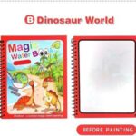 magic coloring book opened to dinosaur and cartoon water reveal pages