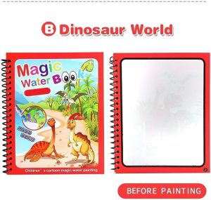 magic coloring book opened to dinosaur and cartoon water reveal pages