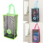 Mesh plastic bag holder dispenser hanging in kitchen