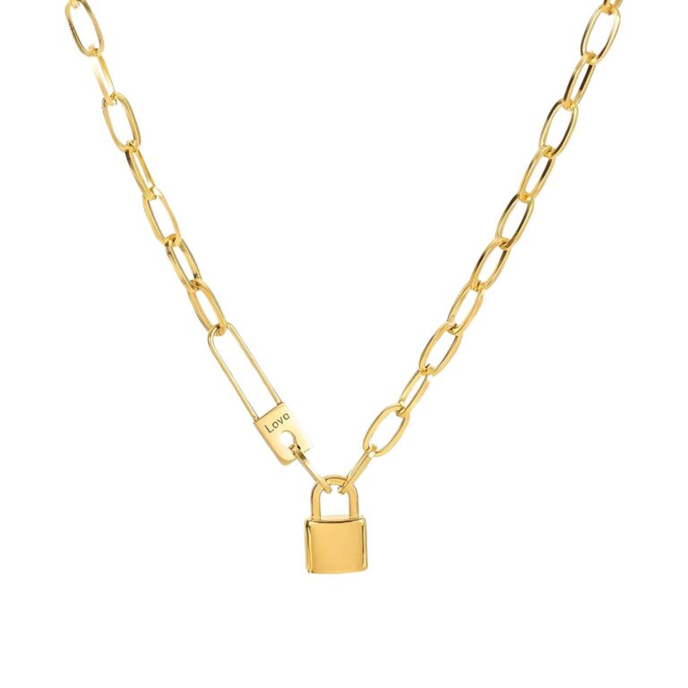 18K gold plated stainless steel lock necklace with lobster claw clasp