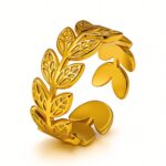 Adjustable 18K gold plated leaves ring on white background