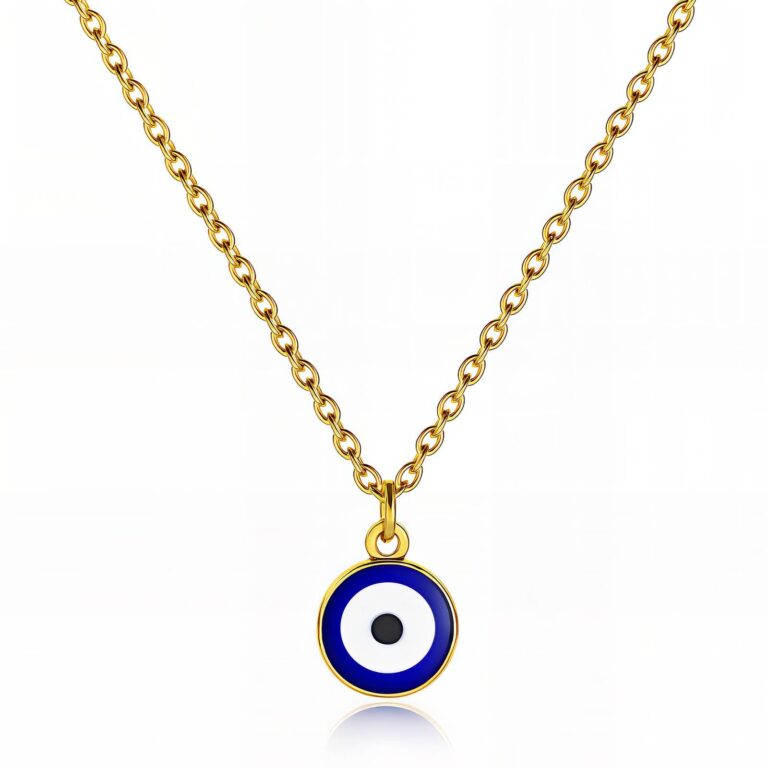 Close-up of 18K gold plated stainless steel Evil Eye necklace pendant
