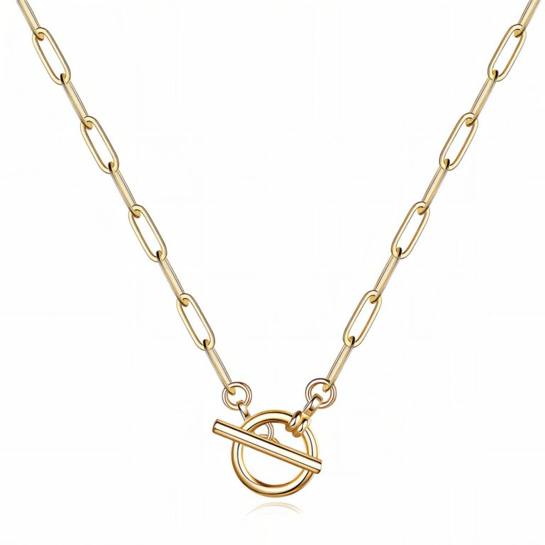 18K gold plated stainless steel toggle necklace on white background