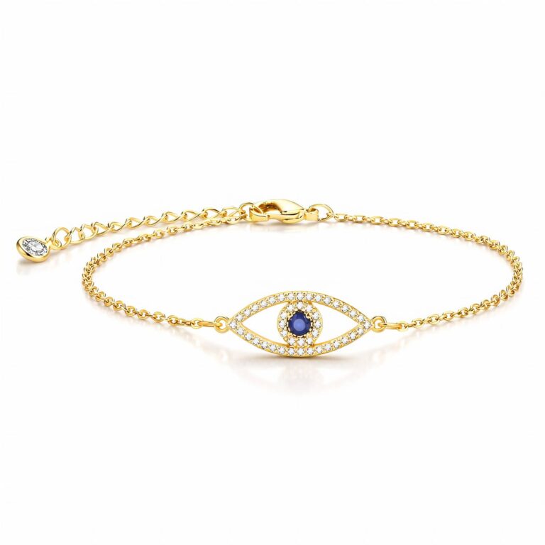 18K gold plated evil eye bracelet with cubic zirconia close-up