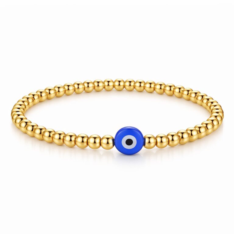 Close-up of 18K gold plated stainless steel Evil Eye bracelet