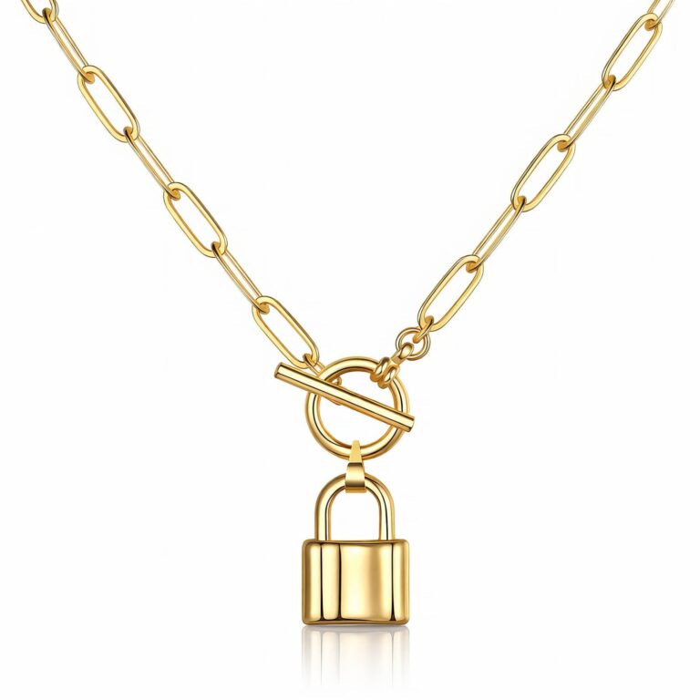18K gold plated stainless steel lock necklace front view