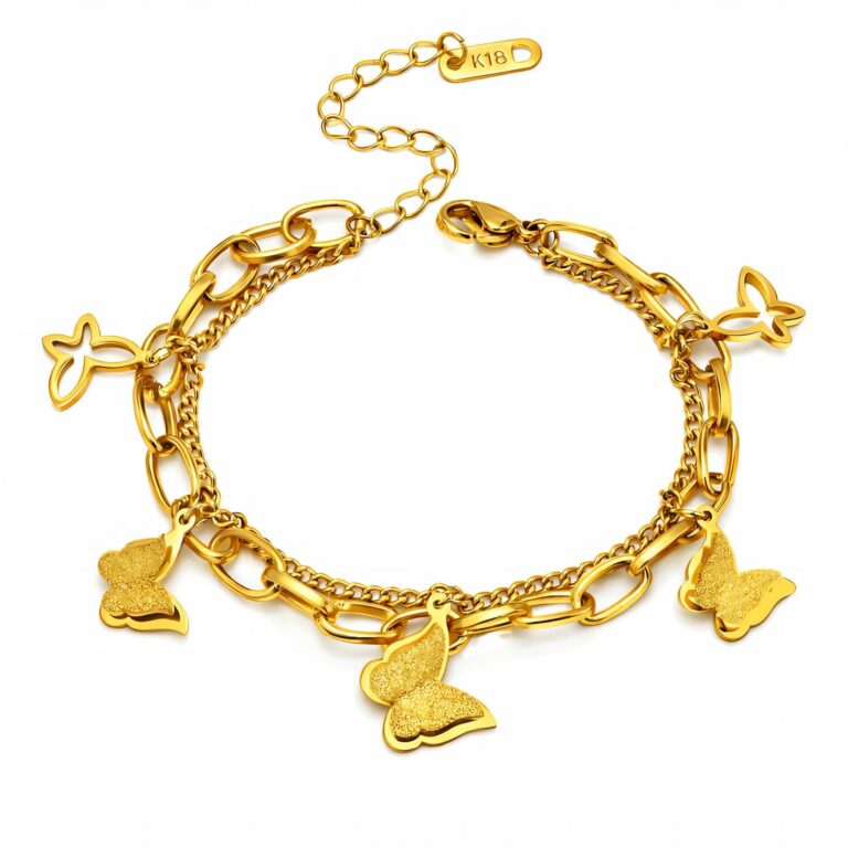 18K gold plated butterfly bracelet on white background