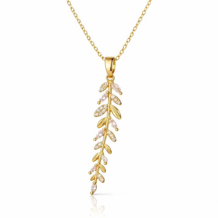 18K gold plated leaves necklace with cubic zirconia pendant close-up