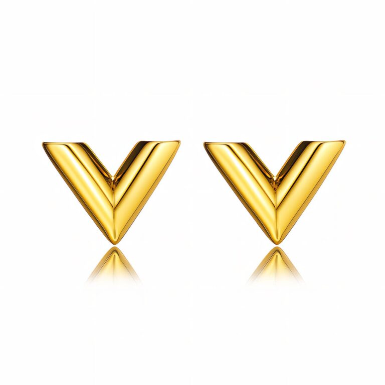 Close-up of 18K gold plated stainless steel V stud earring